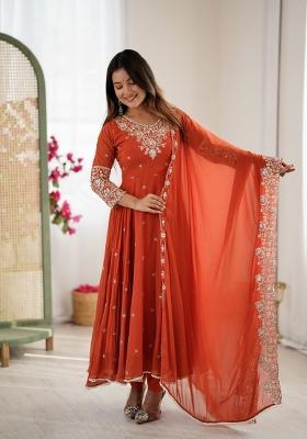 Dark Orange Embroidered Georgette Kurta Set