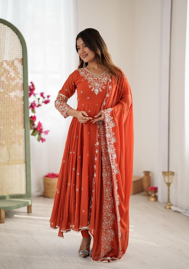 Dark Orange Embroidered Georgette Kurta Set - Indya