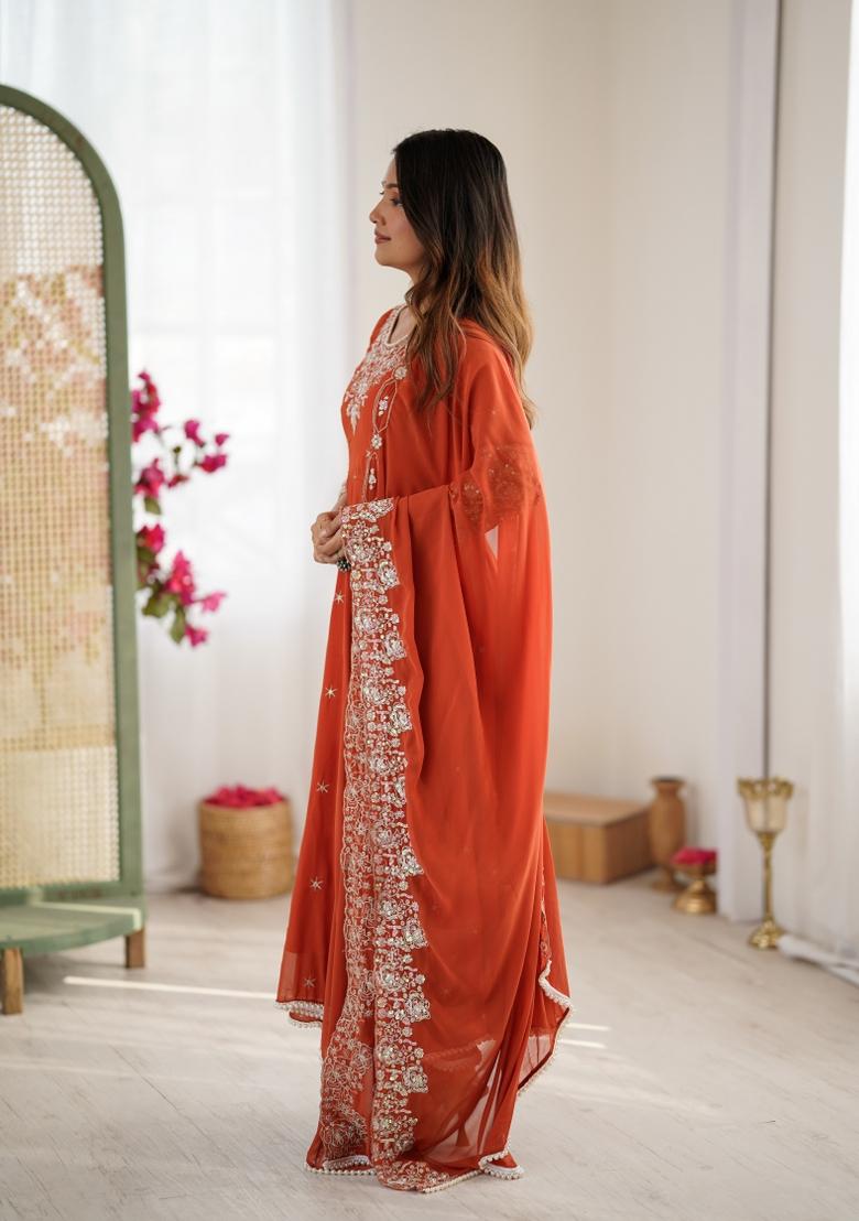 Dark Orange Embroidered Georgette Kurta Set - Indya