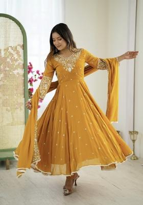 Mustard Embroidered Georgette Kurta Set