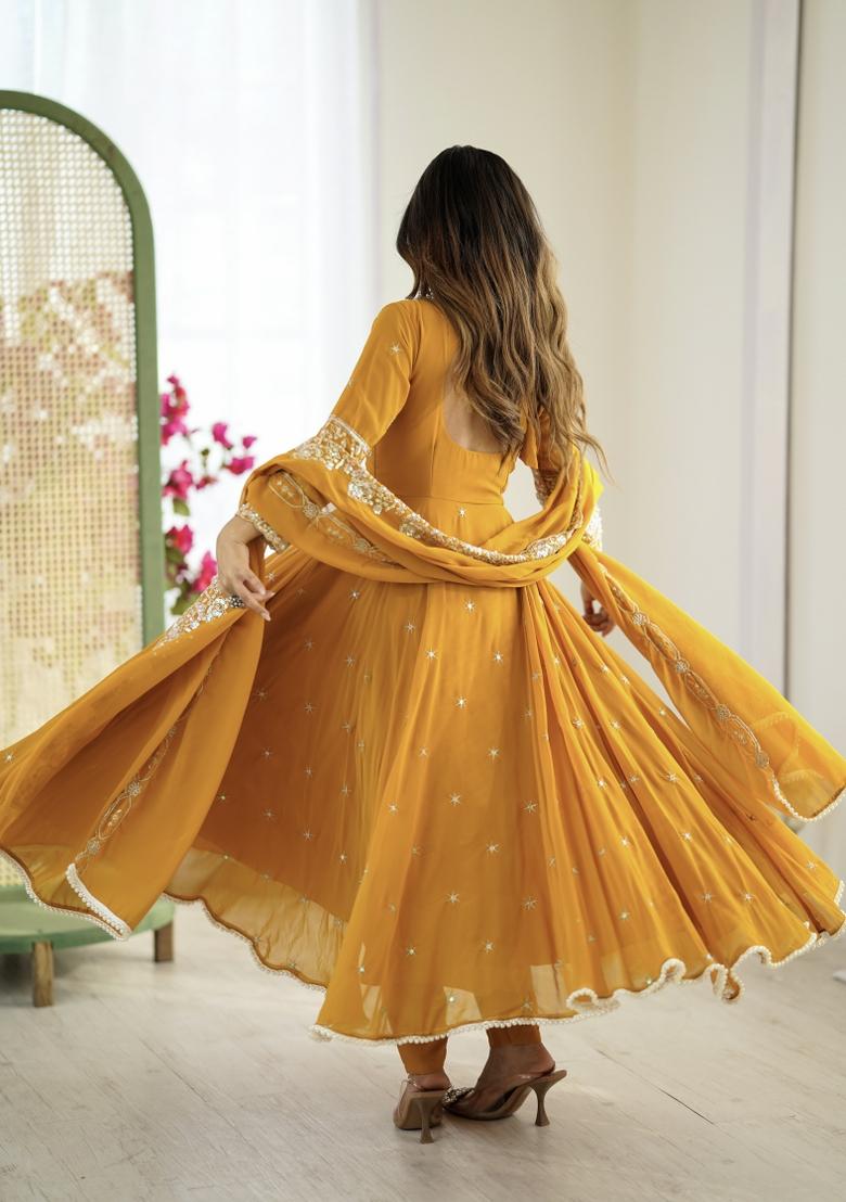 Mustard Embroidered Georgette Kurta Set - Indya
