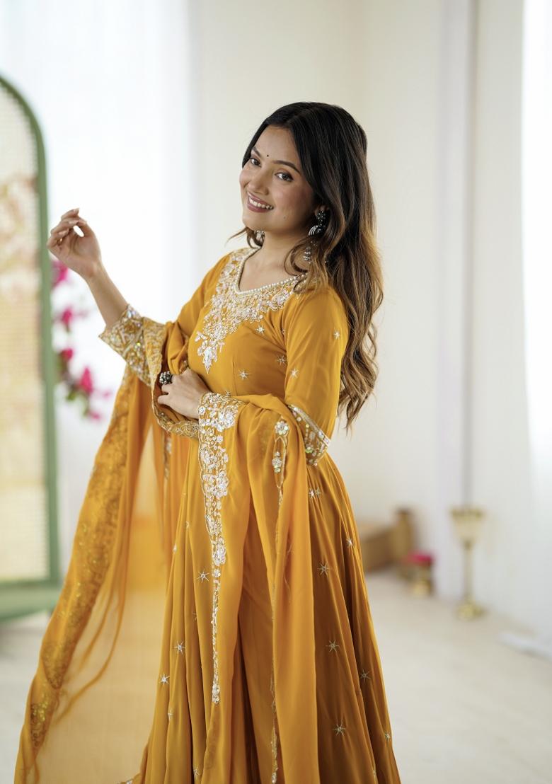 Mustard Embroidered Georgette Kurta Set - Indya