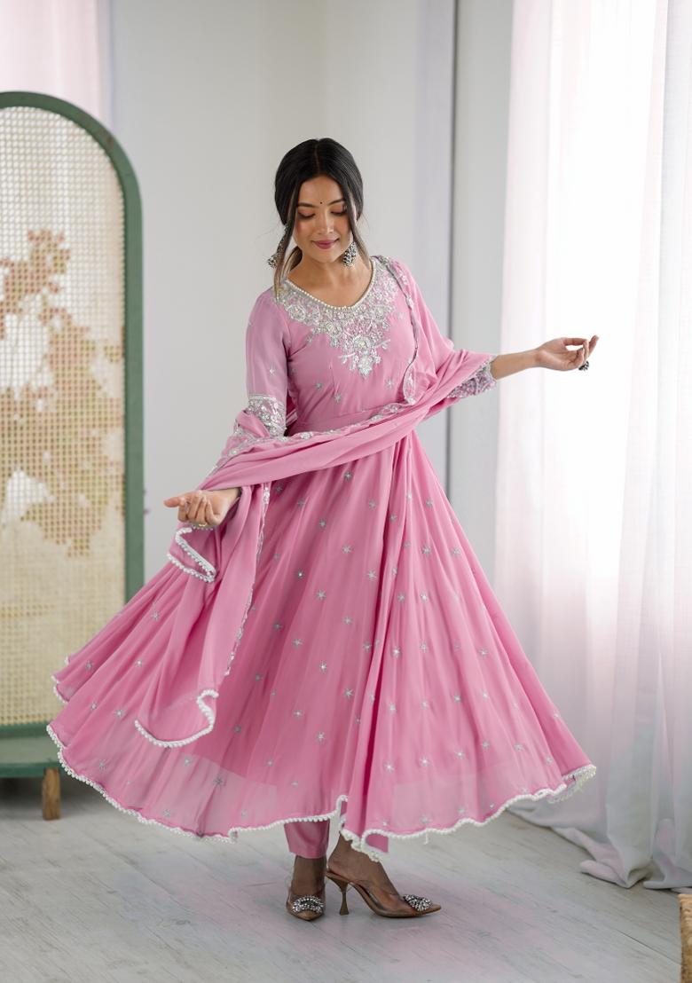Light Pink Embroidered Georgette Kurta Set - Indya