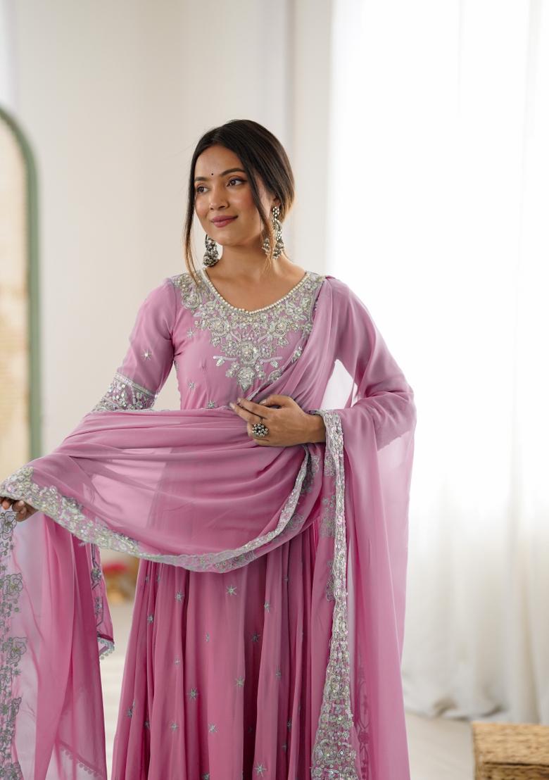 Light Pink Embroidered Georgette Kurta Set - Indya