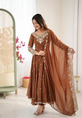 Brown Embroidered Georgette Kurta Set