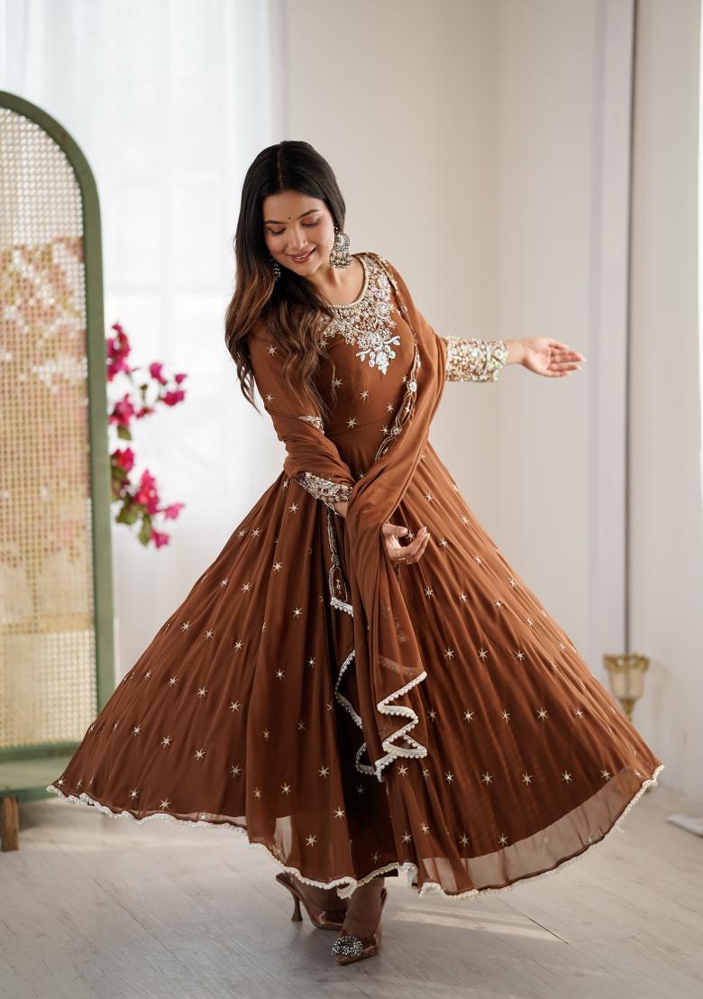 Brown Embroidered Georgette Kurta Set - Indya