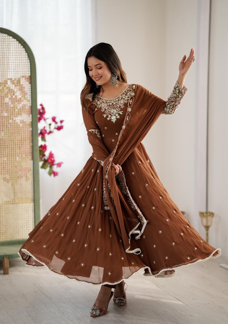 Brown Embroidered Georgette Kurta Set - Indya