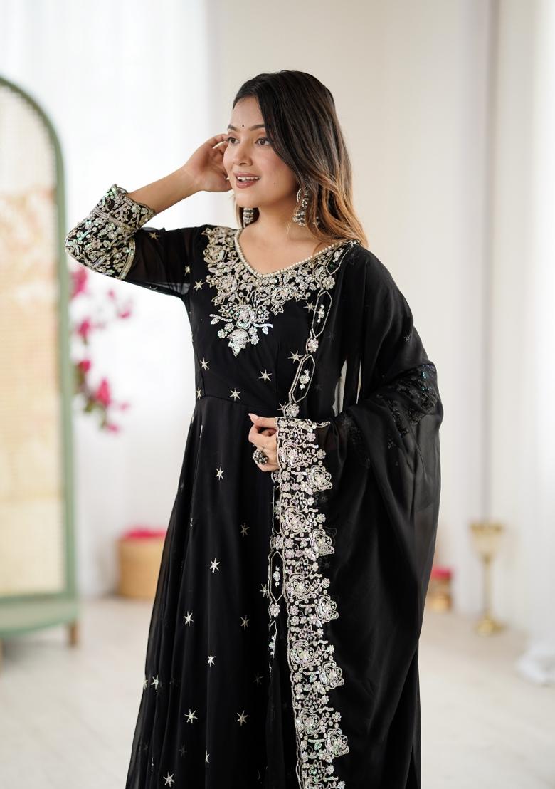 Black Embroidered Georgette Kurta Set - Indya