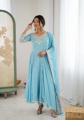 Sky Blue Embroidered Georgette Kurta Set