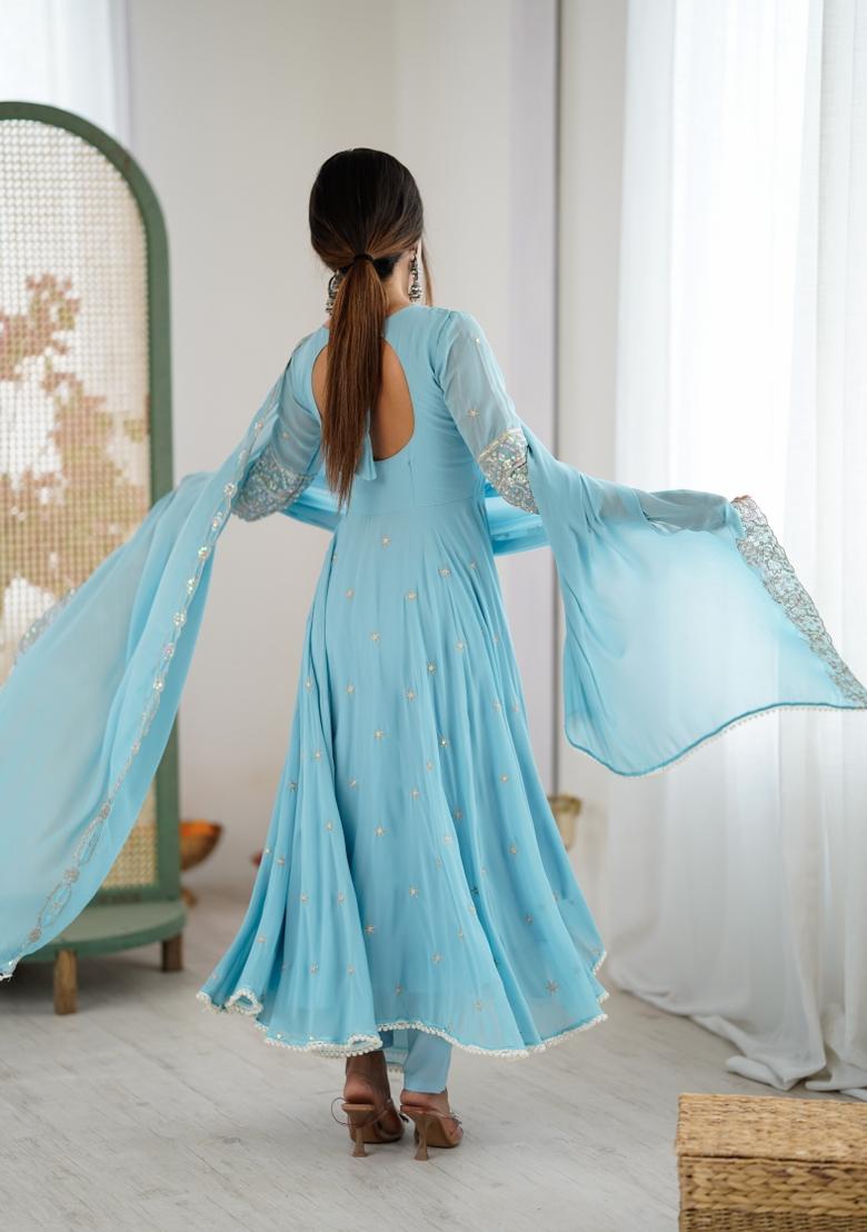 Sky Blue Embroidered Georgette Kurta Set - Indya