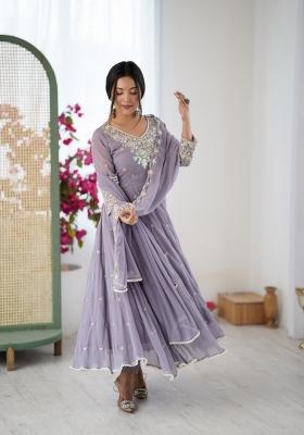 Grey Embroidered Georgette Kurta Set