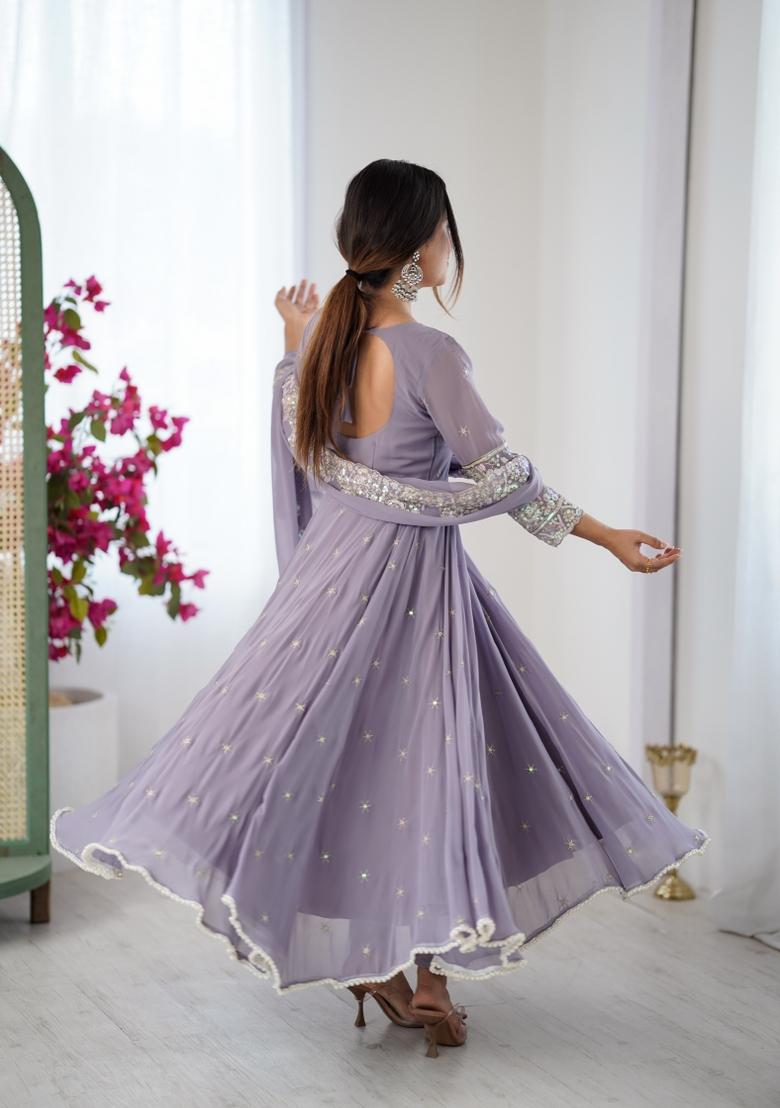 Grey Embroidered Georgette Kurta Set - Indya