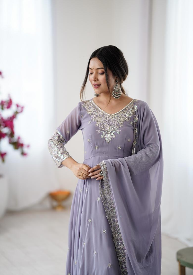 Grey Embroidered Georgette Kurta Set - Indya