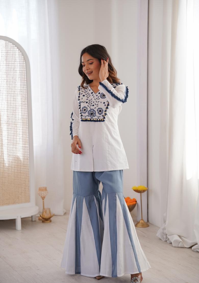 White Embroidered Georgette Kurta Set - Indya