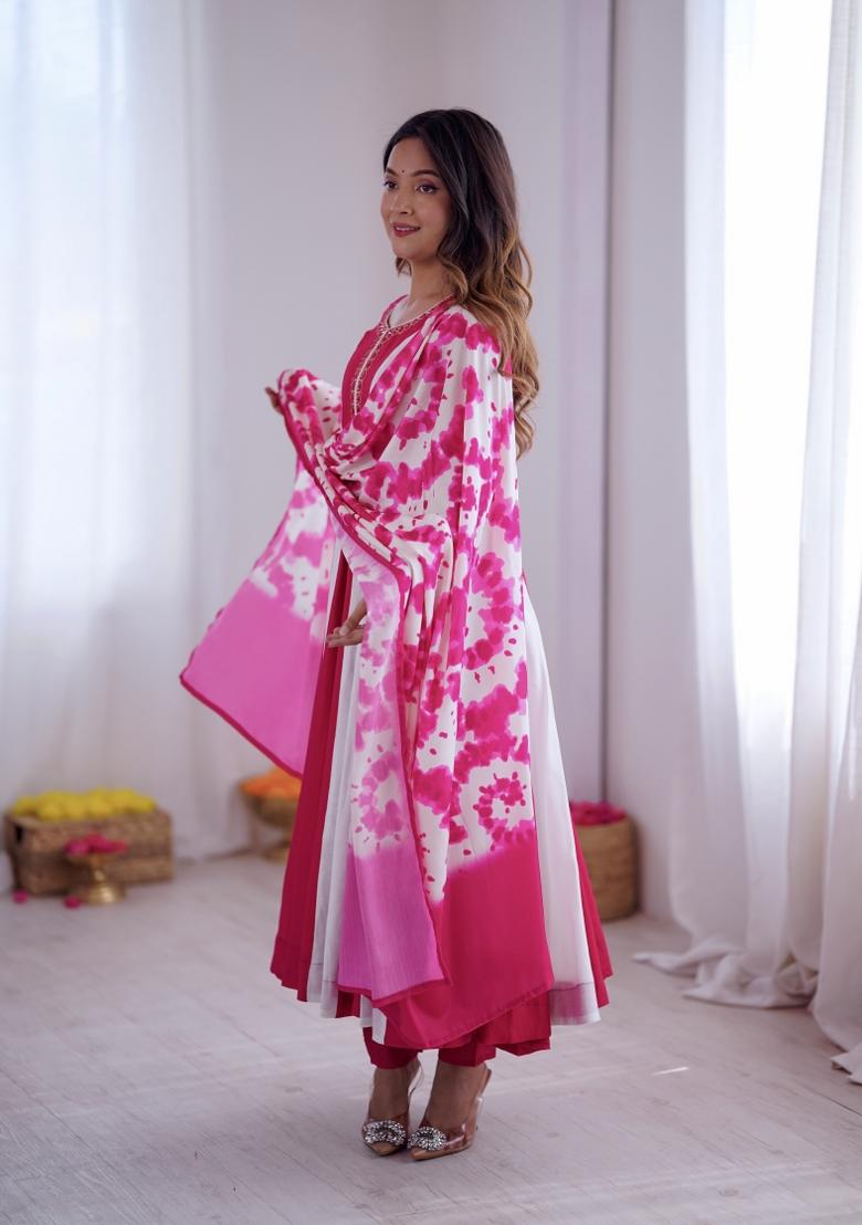 Pink Embroidered Georgette Kurta Set - Indya