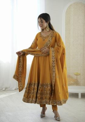 Mustard Embroidered Silk Blend Kurta Set