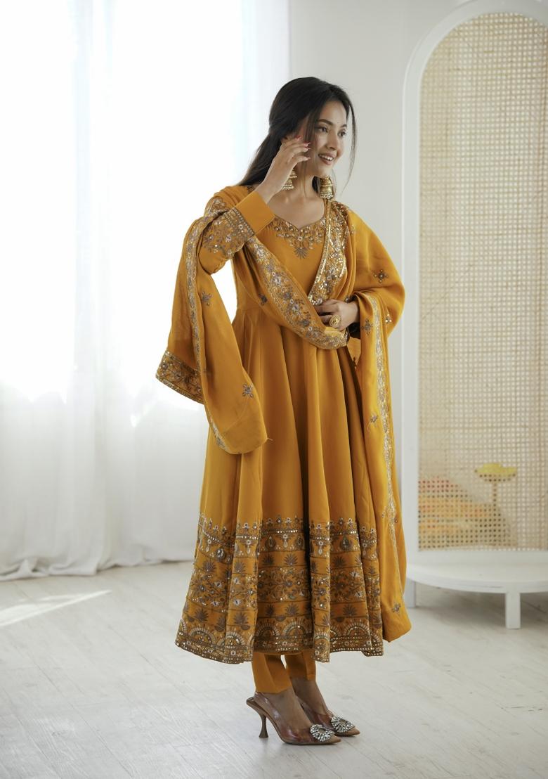 Mustard Embroidered Silk Blend Kurta Set - Indya