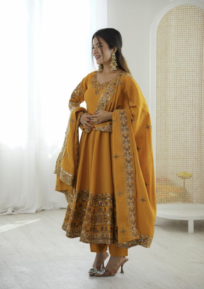 Mustard Embroidered Silk Blend Kurta Set - Indya