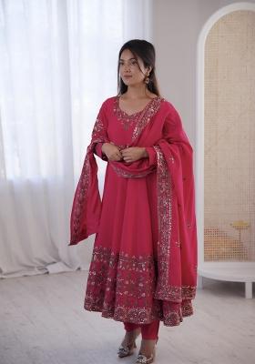 Dark Pink Embroidered Silk Blend Kurta Set
