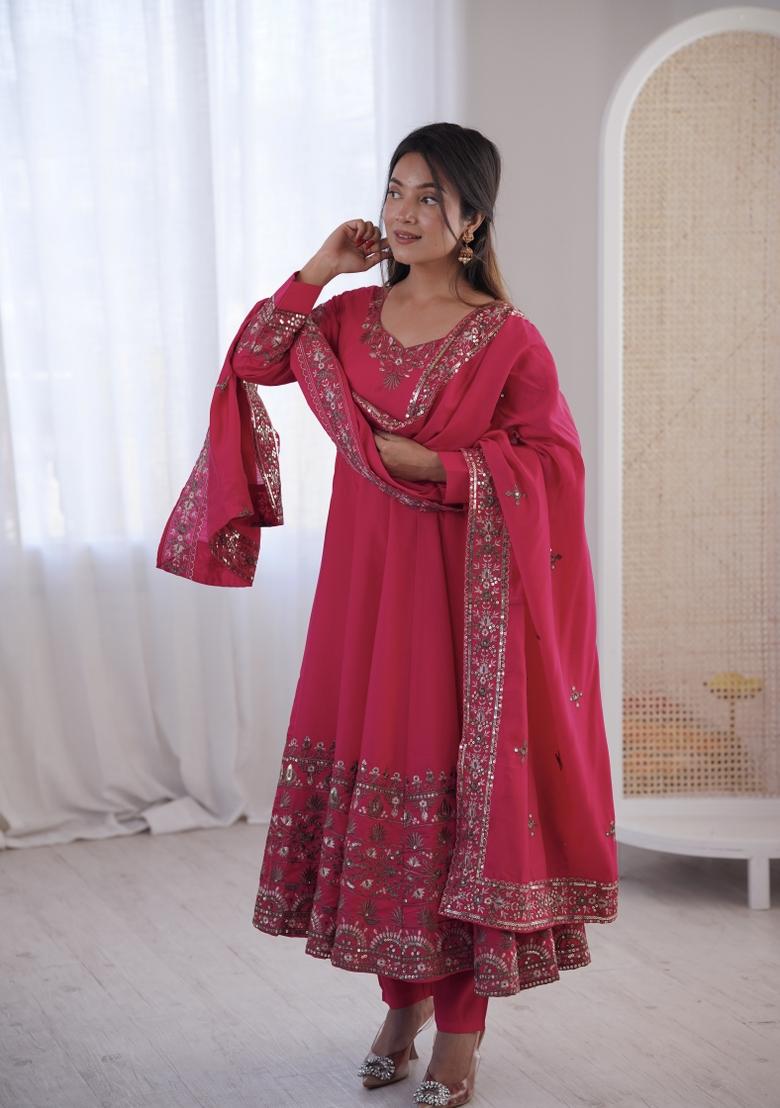 Dark Pink Embroidered Silk Blend Kurta Set - Indya