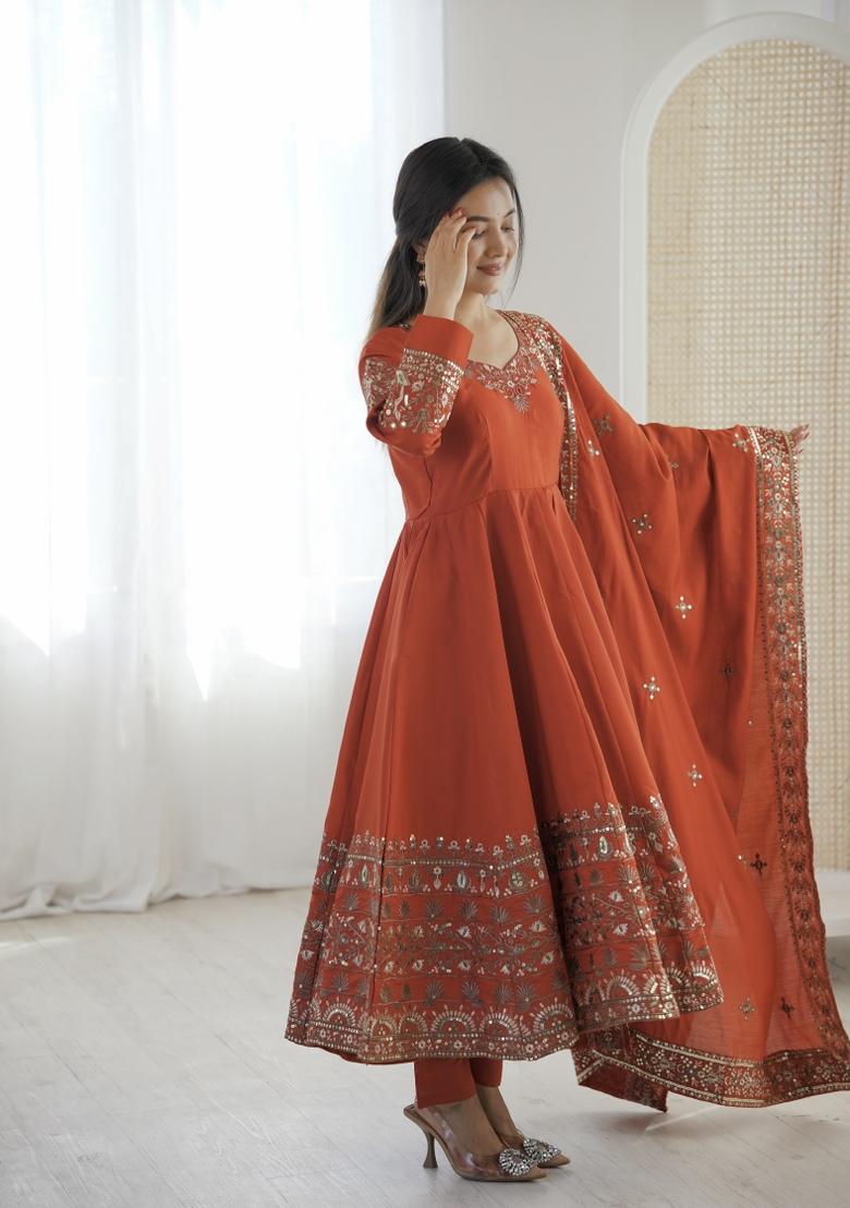 Dark Orange Embroidered Silk Blend Kurta Set - Indya