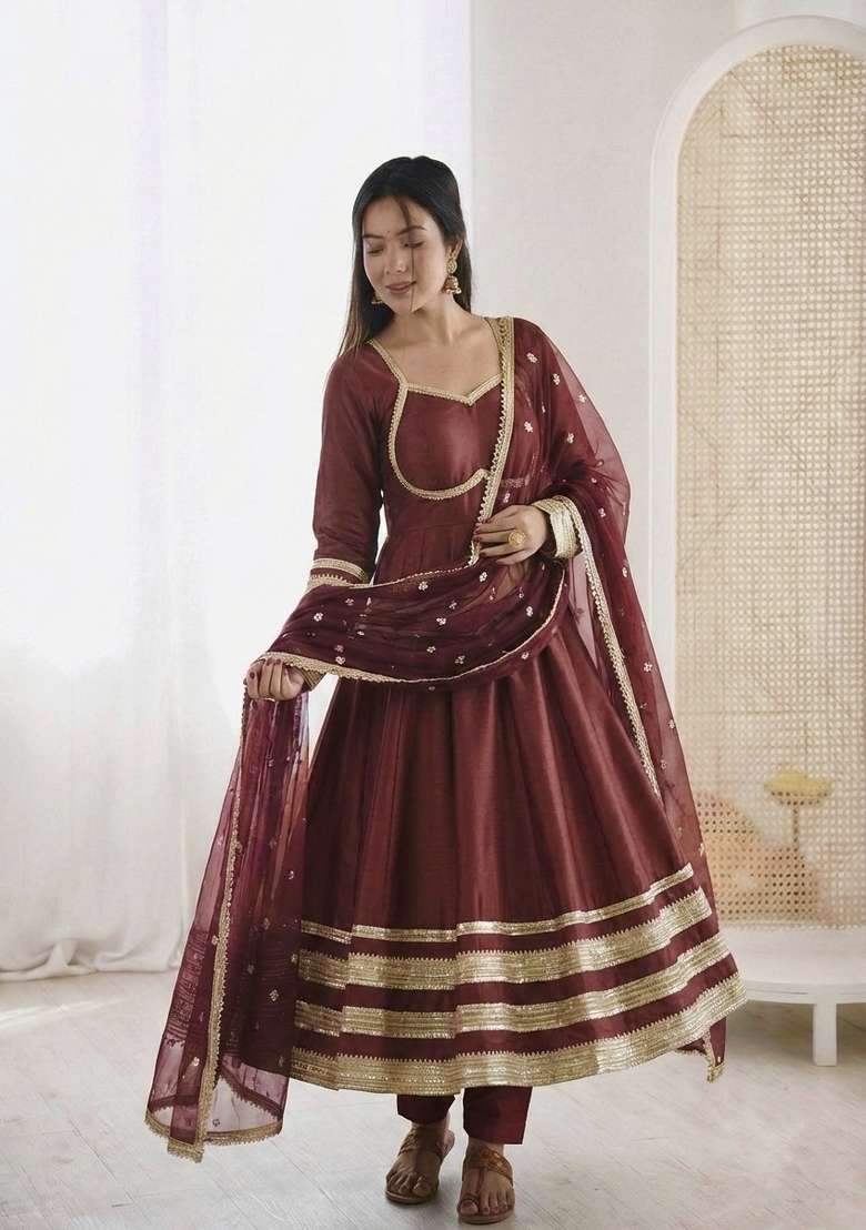Brown Embroidered Silk Blend Kurta Set - Indya