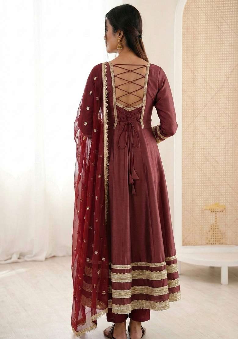 Brown Embroidered Silk Blend Kurta Set - Indya