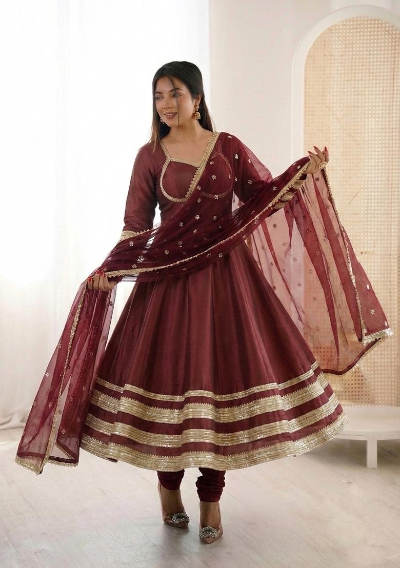Brown Embroidered Silk Blend Kurta Set - Indya