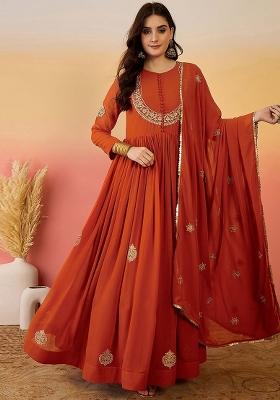 Dark Orange Embroidered Georgette Kurta Set