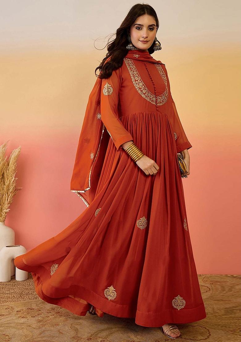 Dark Orange Embroidered Georgette Kurta Set - Indya