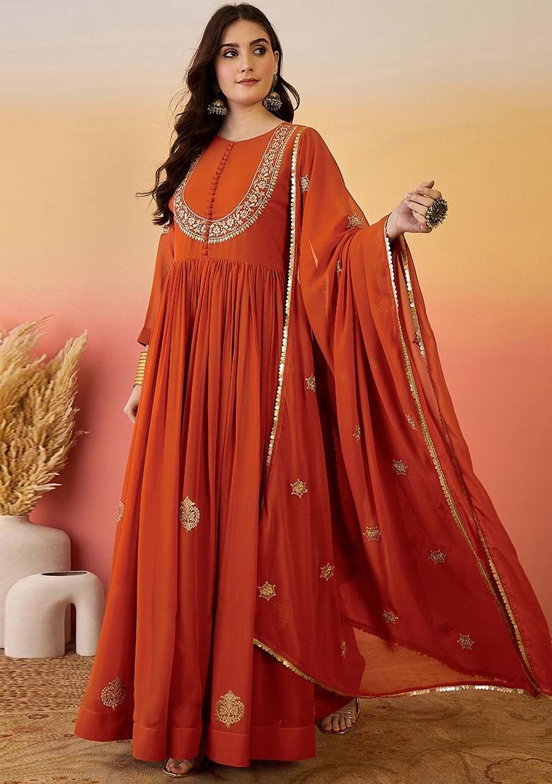 Dark Orange Embroidered Georgette Kurta Set - Indya