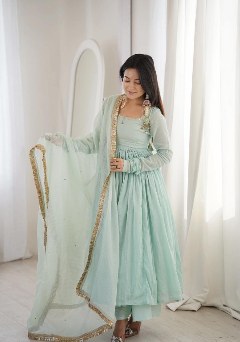 Light Green Embroidered Georgette Kurta Set - Indya
