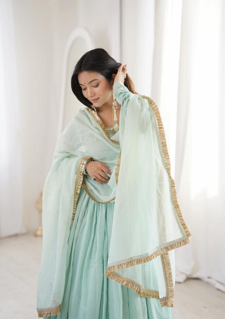 Light Green Embroidered Georgette Kurta Set - Indya