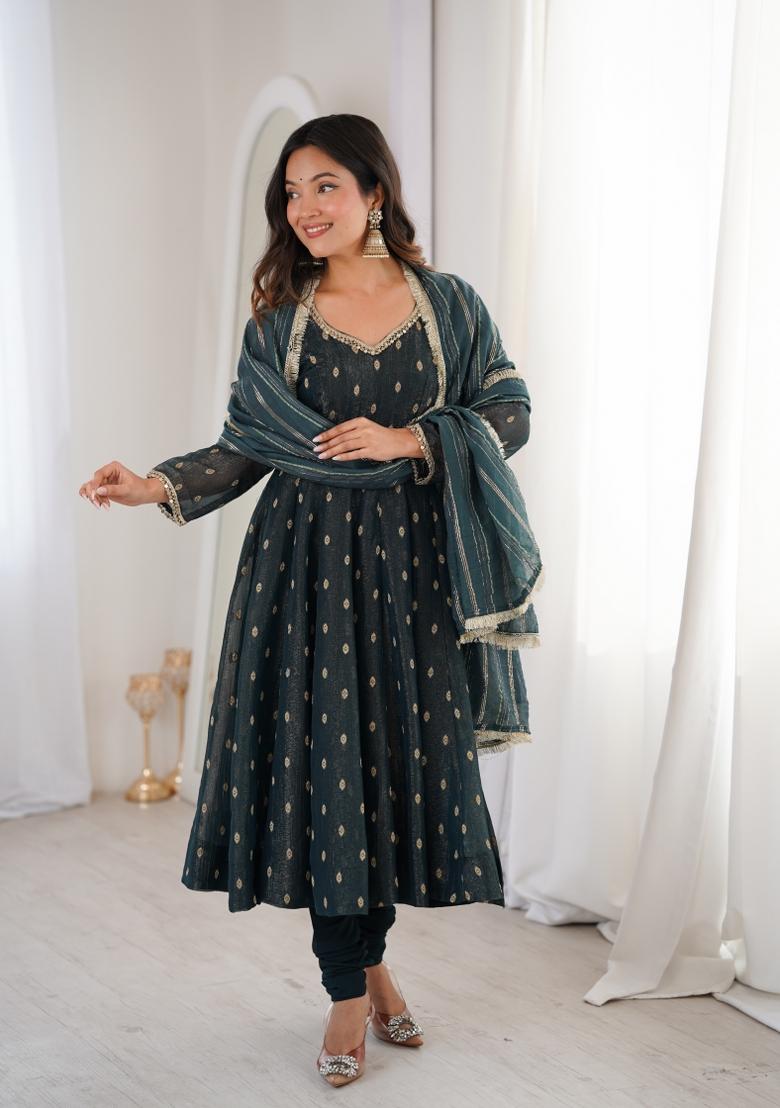 Black Embroidered Silk Blend Kurta Set - Indya