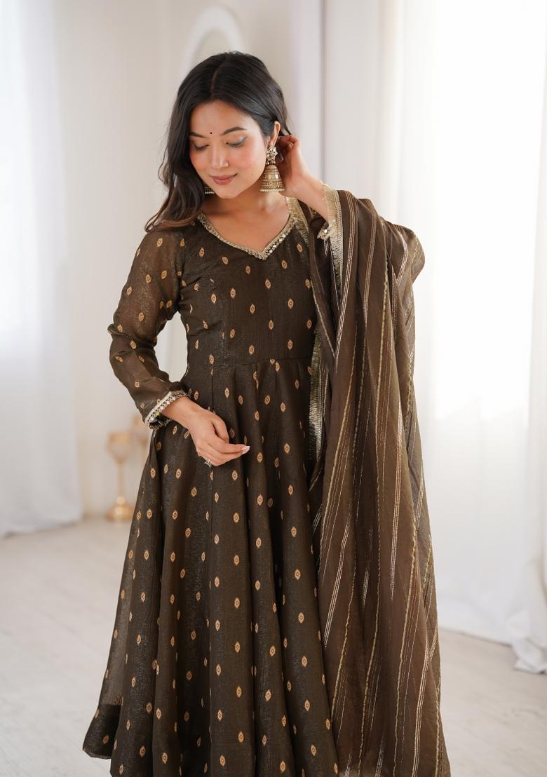 Brown Embroidered Silk Blend Kurta Set - Indya