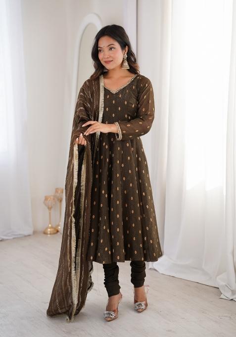Brown Embroidered Silk Kurta Set