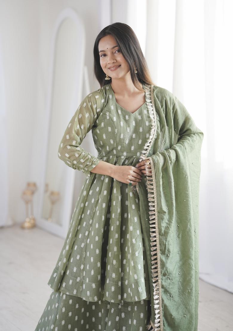 Light Green Embroidered Silk Blend Kurta Set - Indya