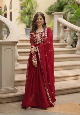 Maroon Embroidered Georgette Kurta Set