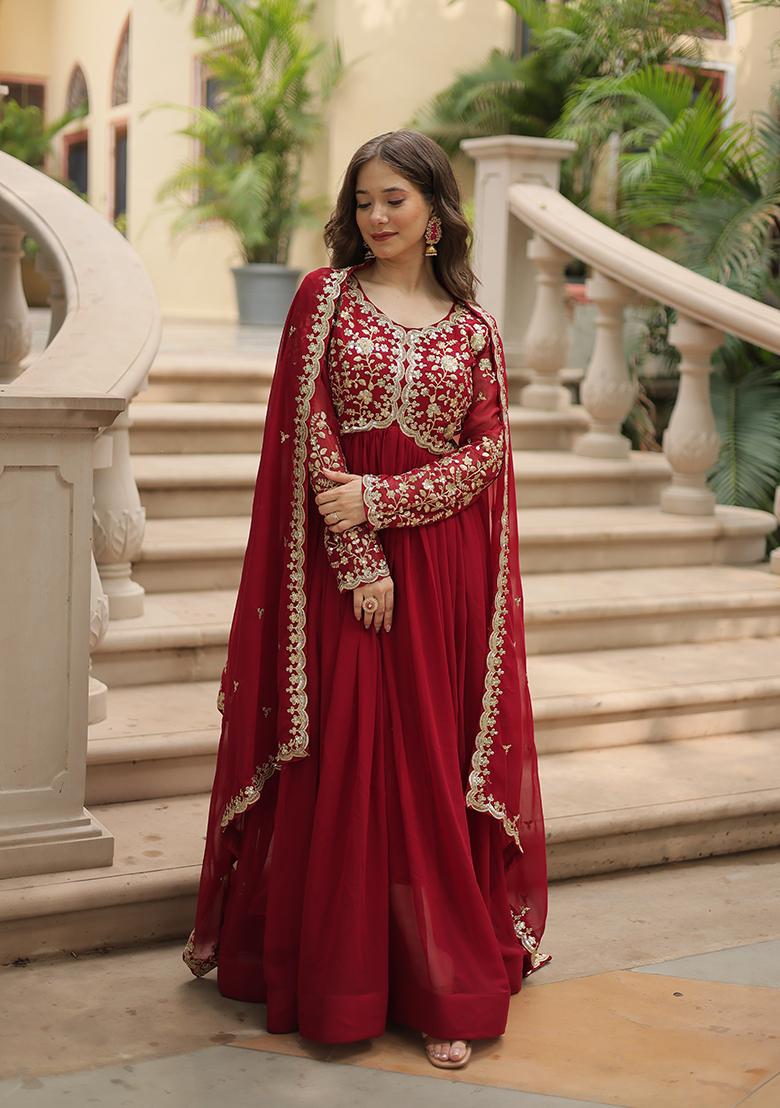 Maroon Embroidered Georgette Kurta Set - Indya