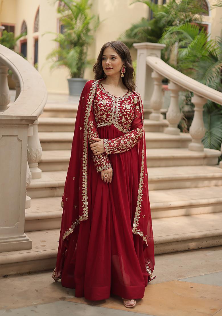 Maroon Embroidered Georgette Kurta Set - Indya