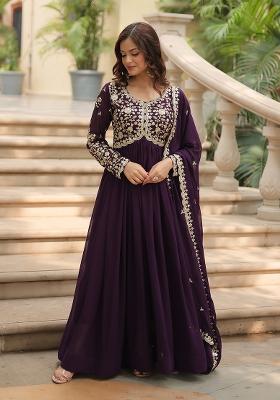 Wine Embroidered Georgette Kurta Set