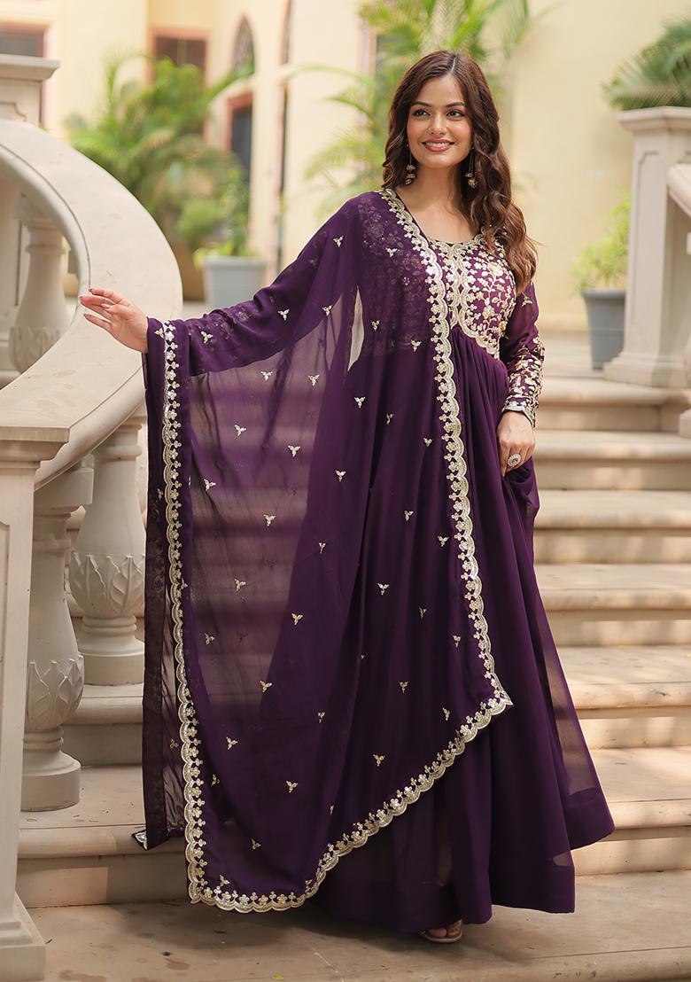 Wine Embroidered Georgette Kurta Set - Indya