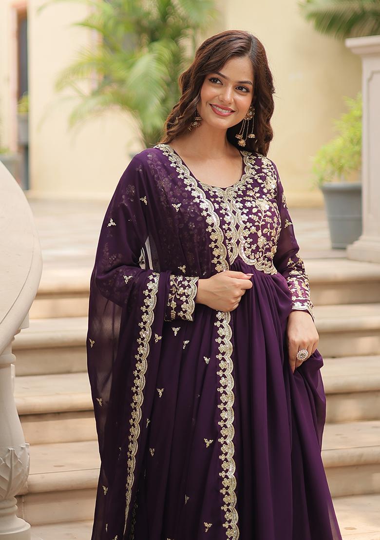 Wine Embroidered Georgette Kurta Set - Indya