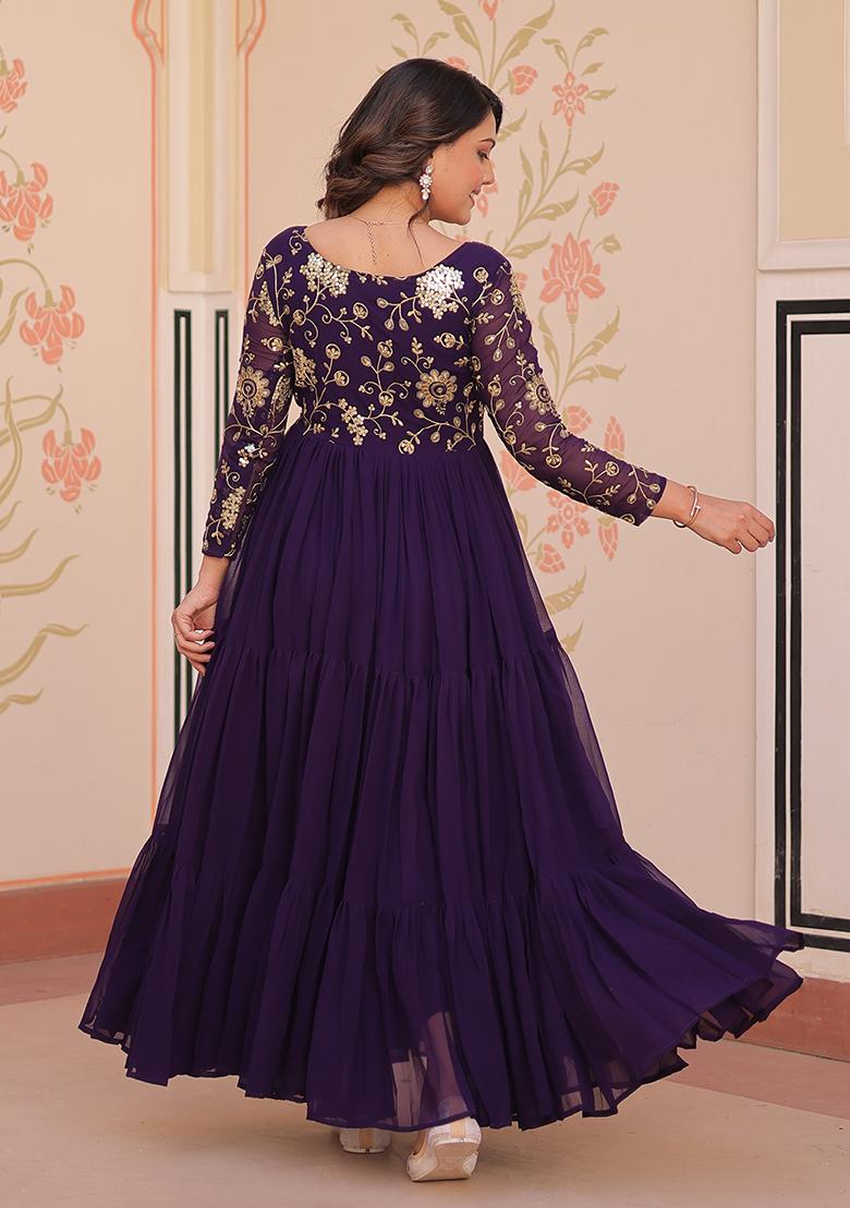 Purple Embroidered Georgette Kurta - Indya
