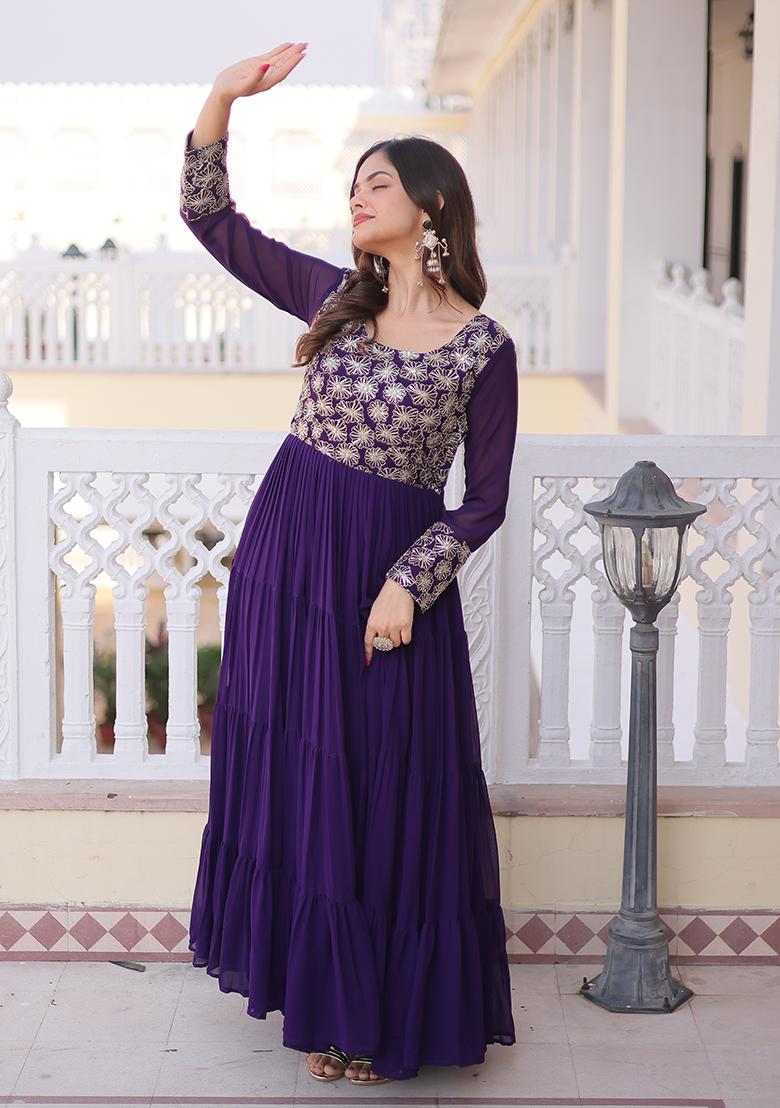 Purple Embroidered Georgette Kurta - Indya