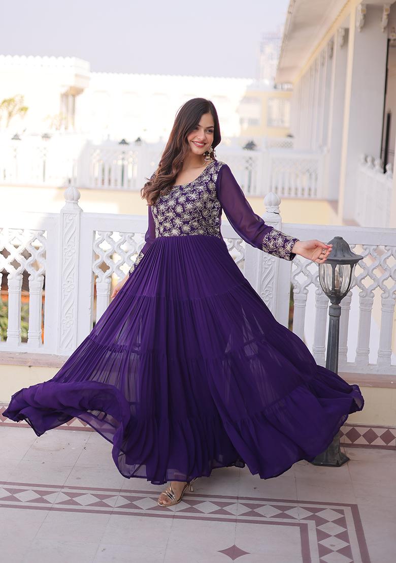 Purple Embroidered Georgette Kurta - Indya