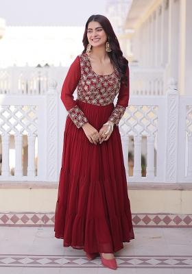 Maroon Embroidered Georgette Kurta