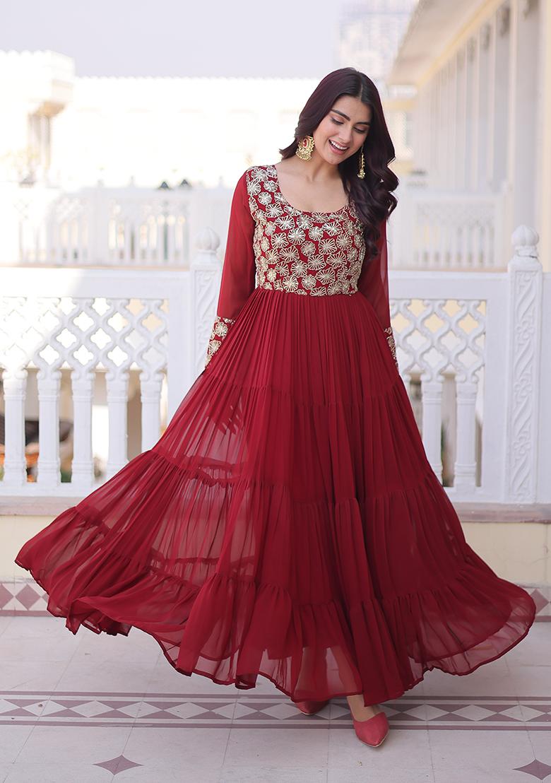 Maroon Embroidered Georgette Kurta - Indya