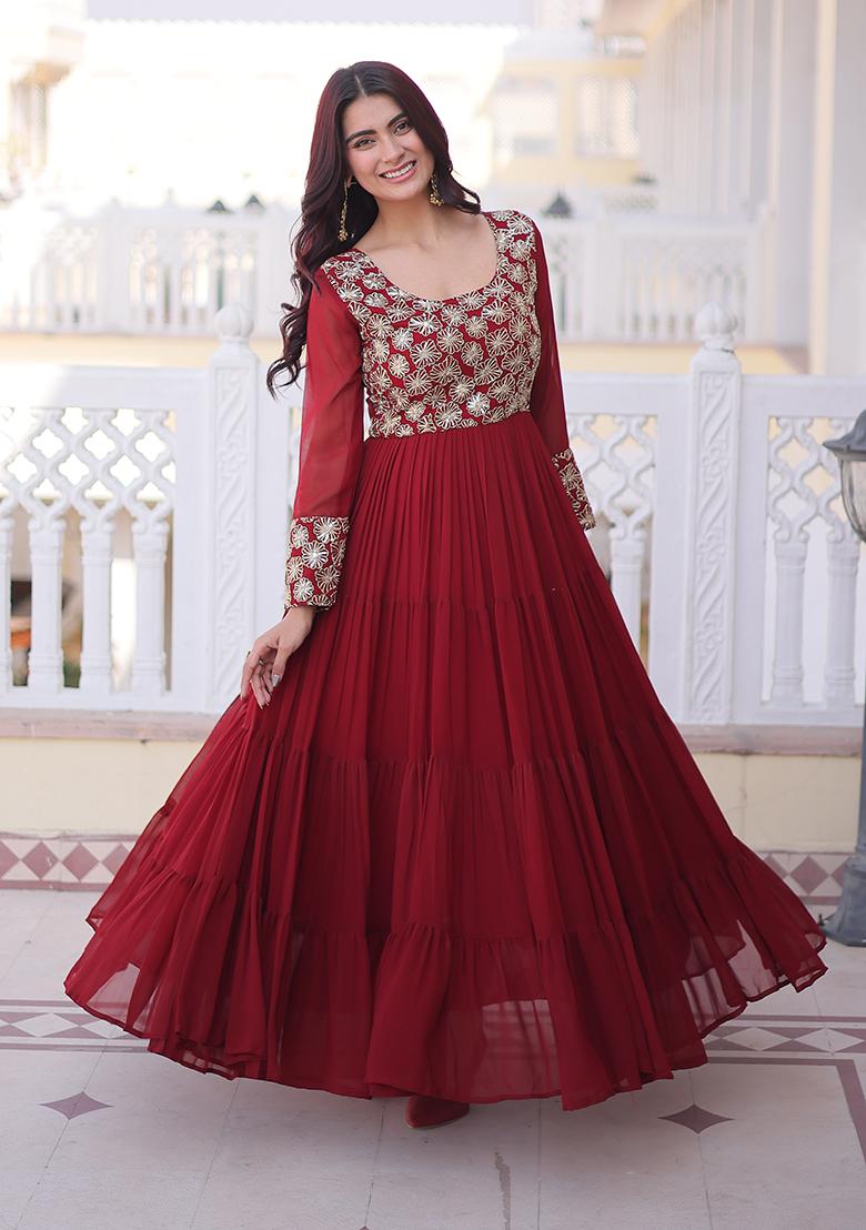 Maroon Embroidered Georgette Kurta - Indya