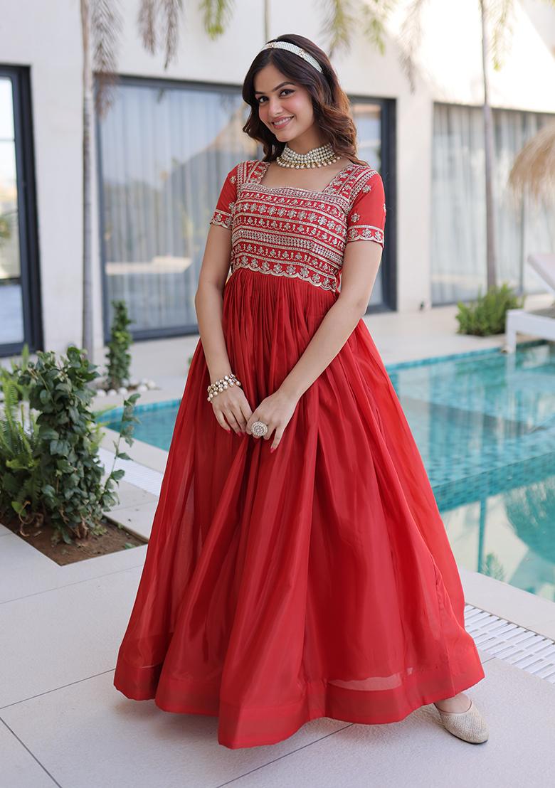Dark Orange Embroidered Georgette Kurta - Indya